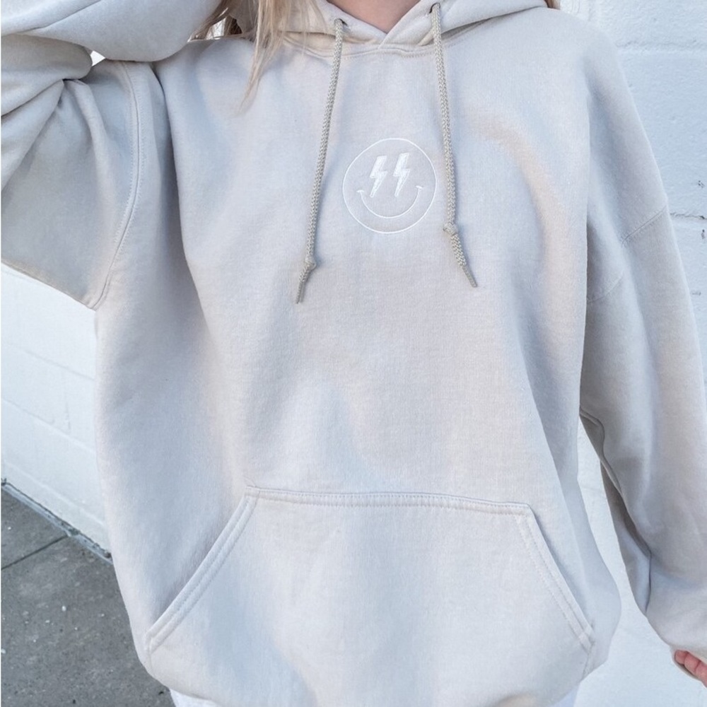 Smiley Face Lightening Bolt Hoodie Cream Sz L